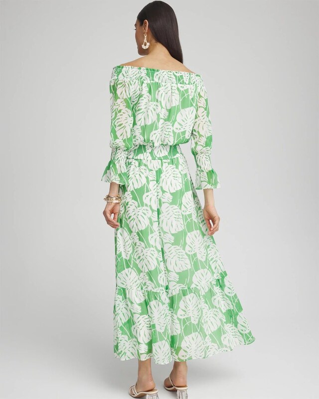 Chiffon Palms Smocked Shoulder Dress - image 3